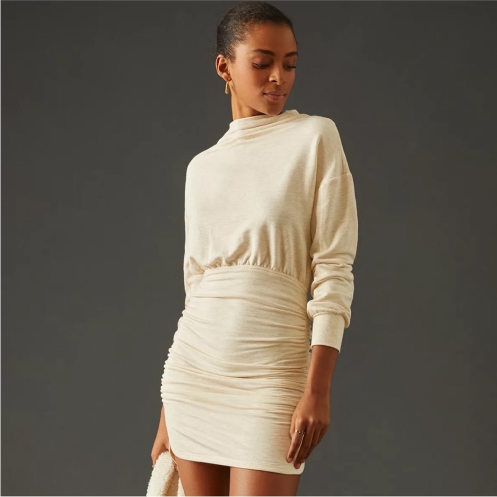 Daily Practice by Anthropologie Ruched Long Sleeve Dress in Light Sand SZ S EUC